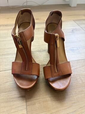 Michael Kors Brown Leather Zip-Front High Heel Sandals